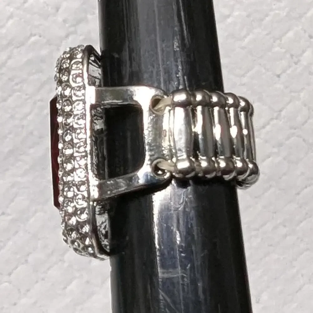 Statement Ring SilverTone‎ Red Clear Rhinestones Stretch Plus Size Square New